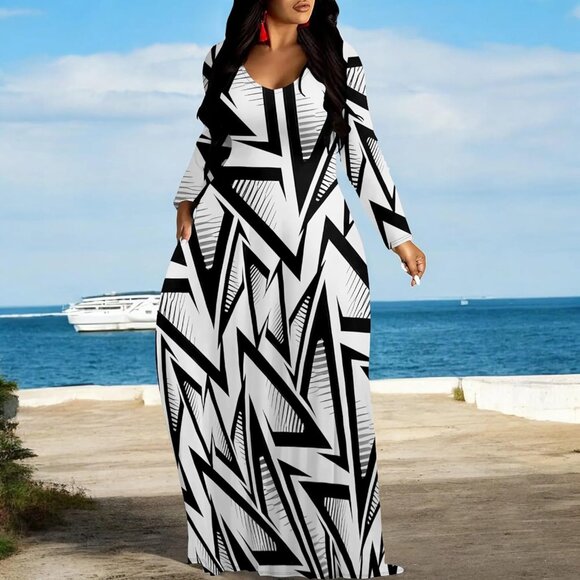 Plus Size Maxi Dress Polyester Long Sleeve Crew Neck Casual for Women - Picture 4 of 4